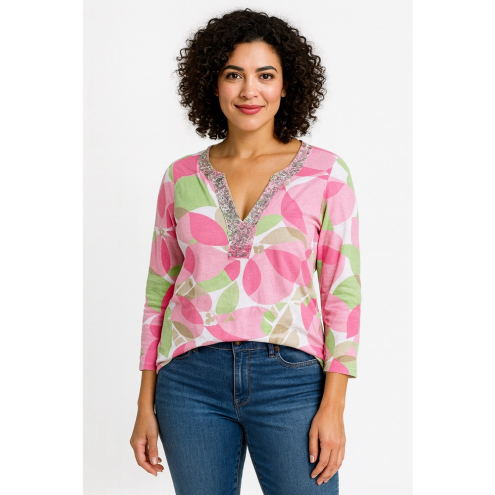 Women's New York & Company S Floral Long Sleeve Tee Pink Green